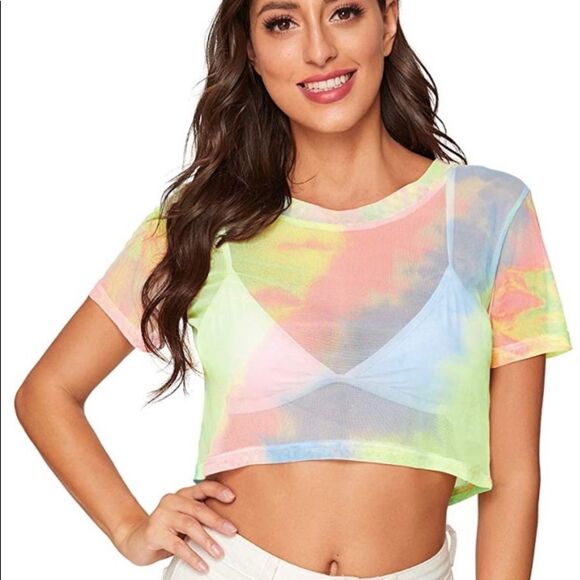 Sheer Mesh Fishnet Short Sleeve Crop Top - Picture 1 of 5